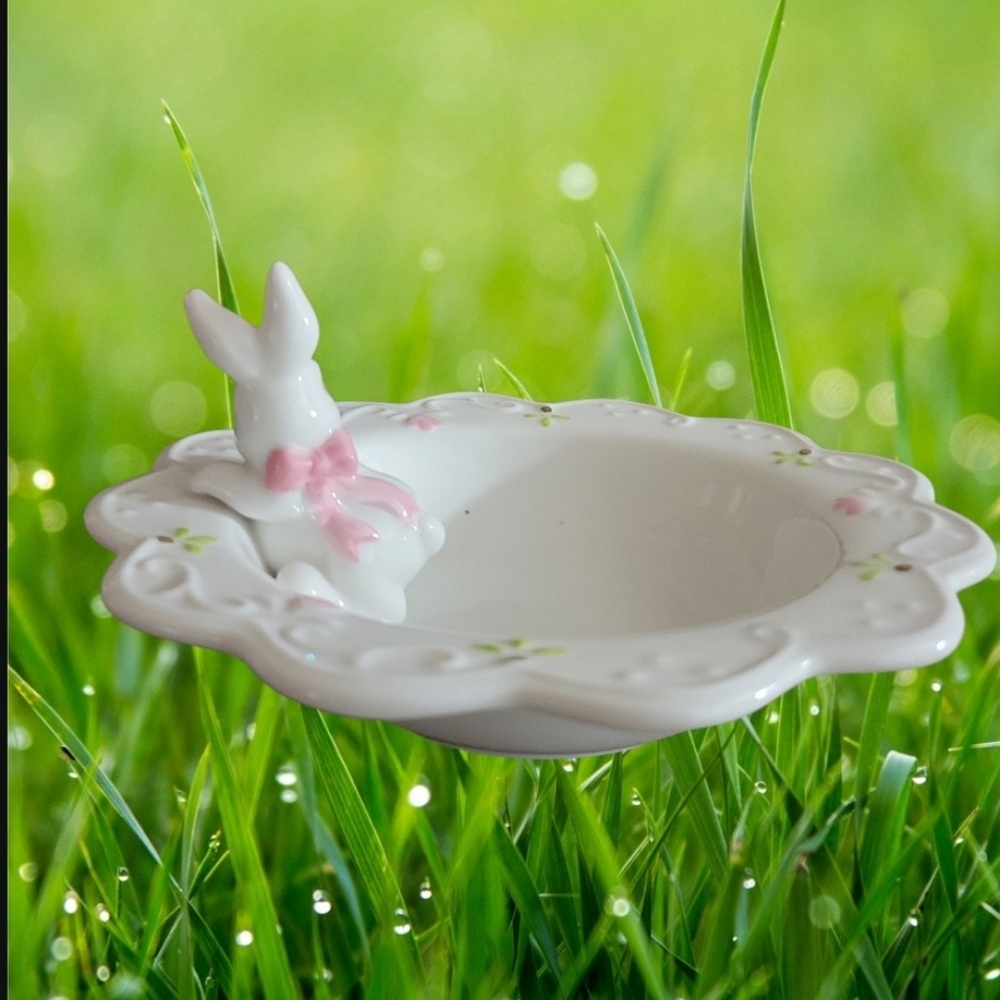 Porcelain Bunny Trinket Dish Colored Accents With Glitter Eggs 7" Width - Picture 5 of 11